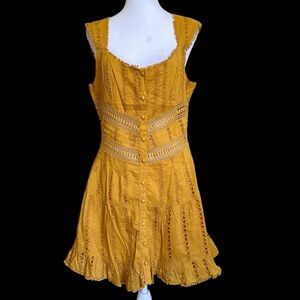 RAHI Women’s Eyelet Ruffle Boho  Sleeveless Button Front Dress Yellow Size L